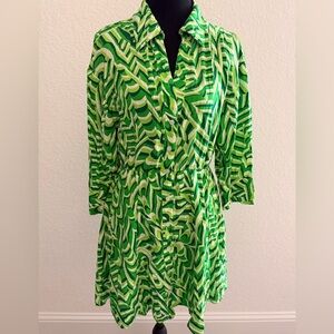 ZARA Green & White Patterned Dress | 3/4 Sleeve with Buttoned Cuffs